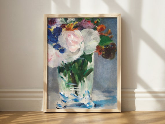 Manet Floral Print Crystal Vase Art Oil Painting Pink And Blue Wall Trendy