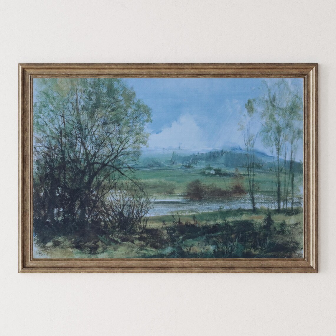 Serene Countryside River Landscape Trees Blue Sky Oil Art Poster
