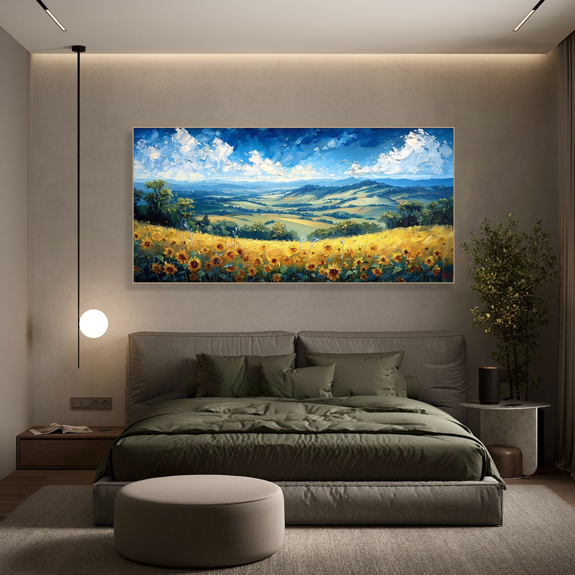 Golden Sunflower Field Rolling Green Hills Summer Sky Poster - Image 2