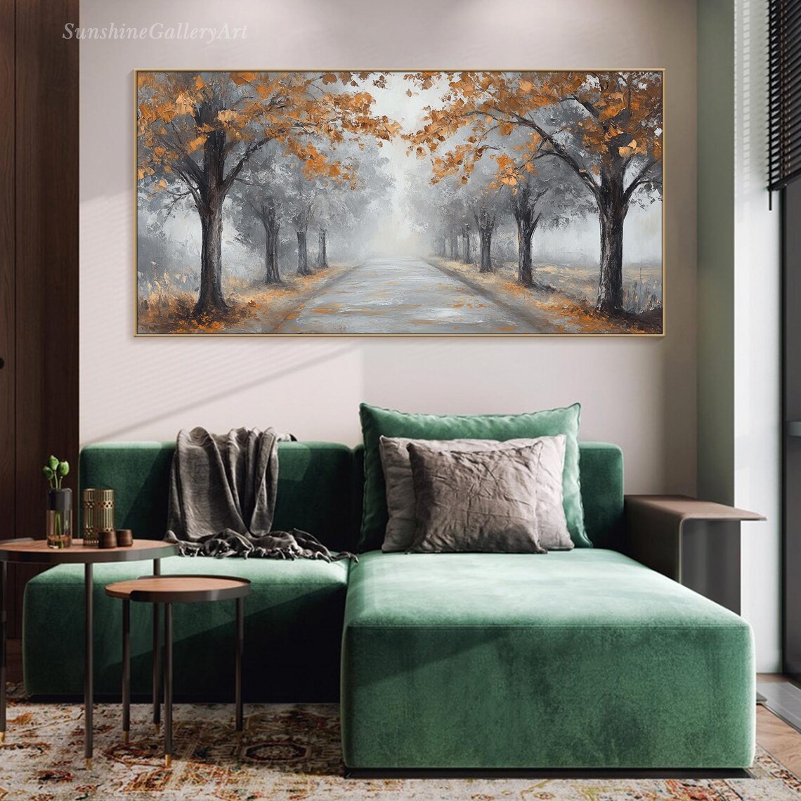 Misty Autumn Avenue Oil Painting Foggy Gray Road Golden Trees Fall Landscape Poster - Image 2
