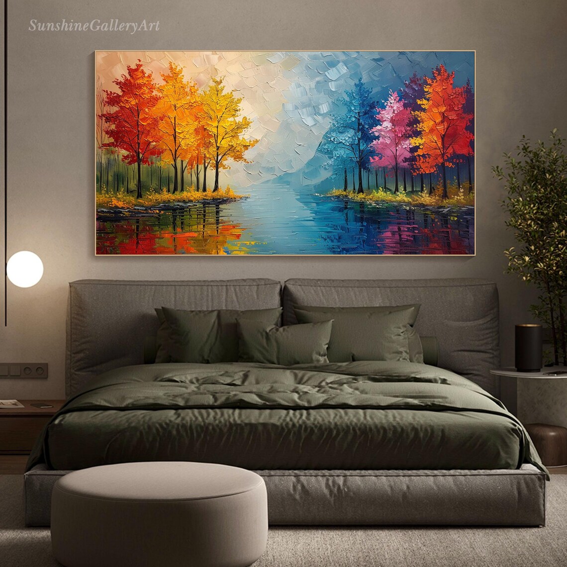 Rainbow Autumn Trees by the Lake Impasto Oil Painting Colorful Foliage Reflection Poster - Image 2