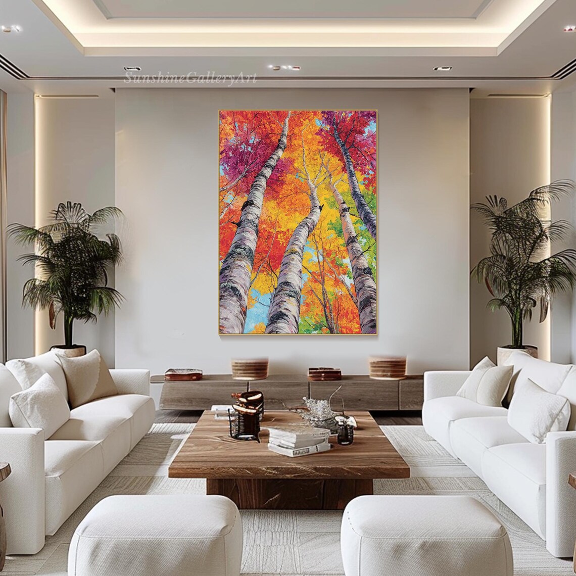 Towering Birch Trees With Fiery Autumn Canopy Oil Painting Poster - Image 2