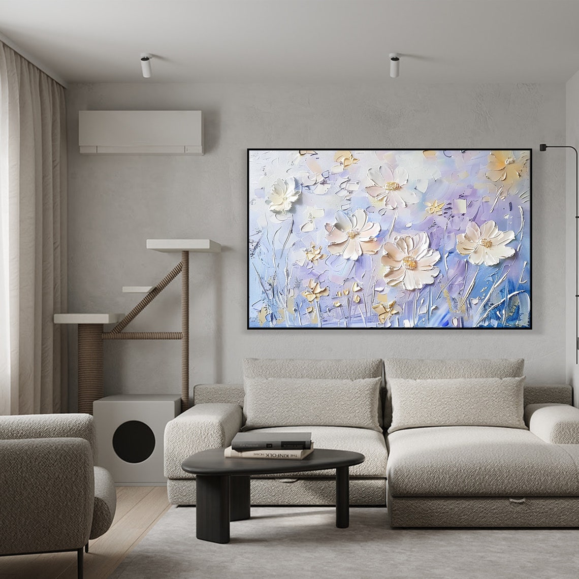 White Cosmos Flowers On Lavender Blue Impasto Texture Poster - Image 2