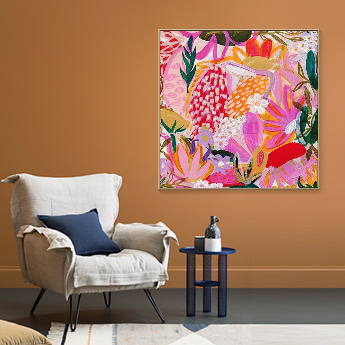 Original Colorful Flower Painting On Plant Painting Boho Modern Art Custom Wall Art Tropical Painting Living Room Wall Art Morden Art - Image 3