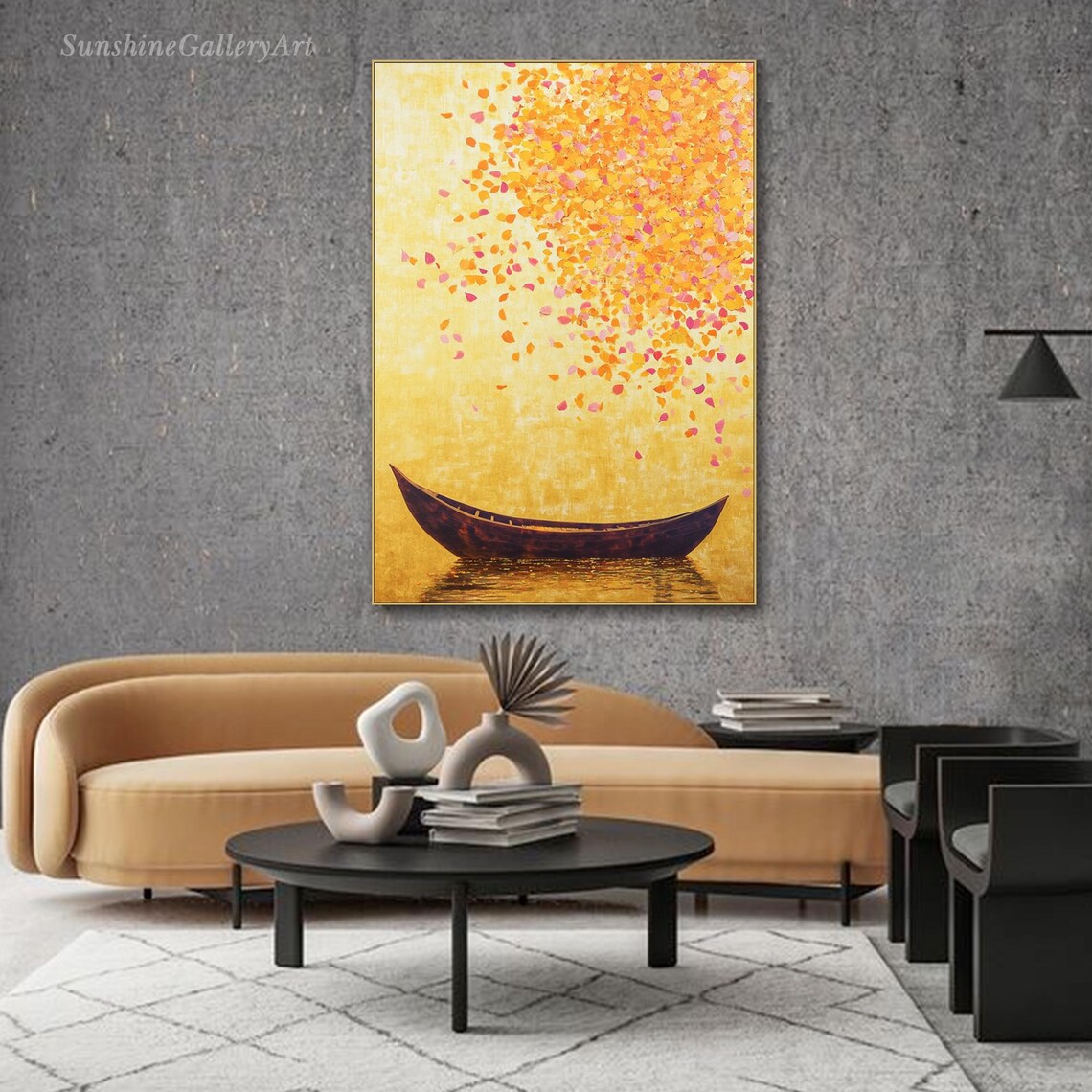 Wooden Canoe on Golden Water Falling Petals Oil Painting Serene Minimalist Poster - Image 2