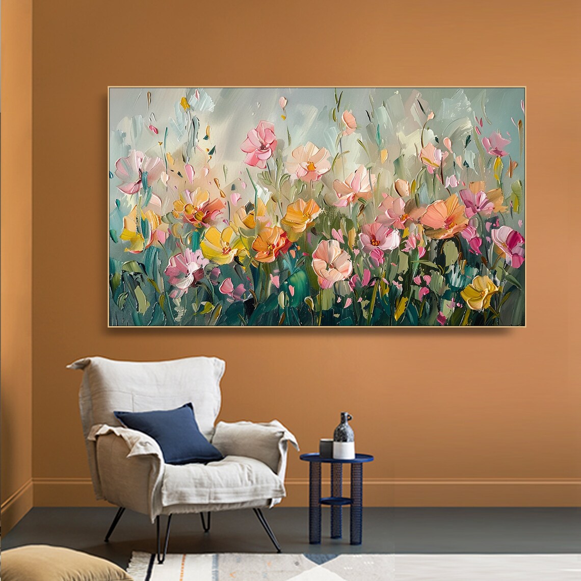 Dreamy Spring Blossom Meadow Oil Painting Pink Yellow Flowers Soft Light Poster - Image 2