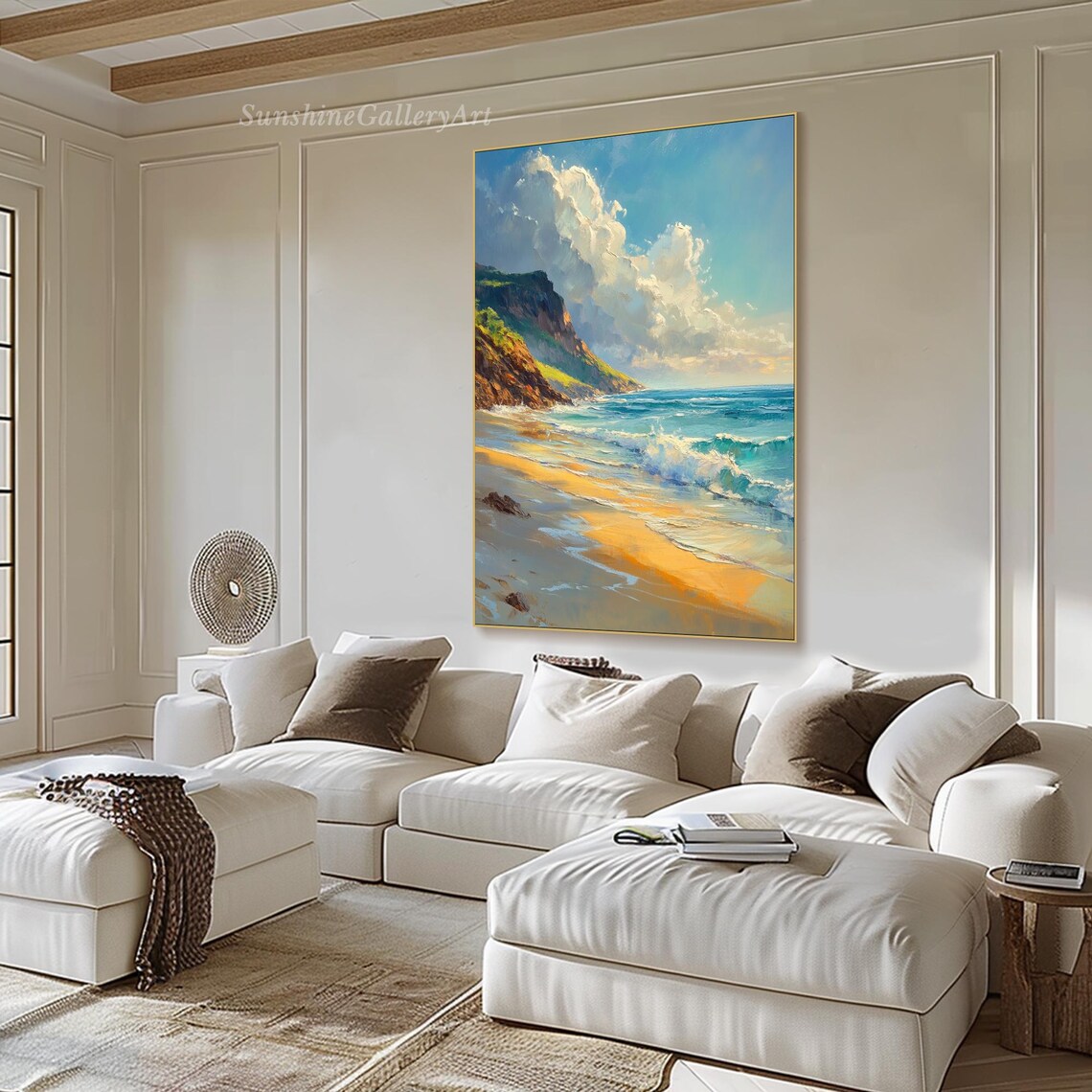 Turquoise Waves Golden Beach Oil Painting Rocky Cliffs Cloudy Sky Coastal Art Poster - Image 2