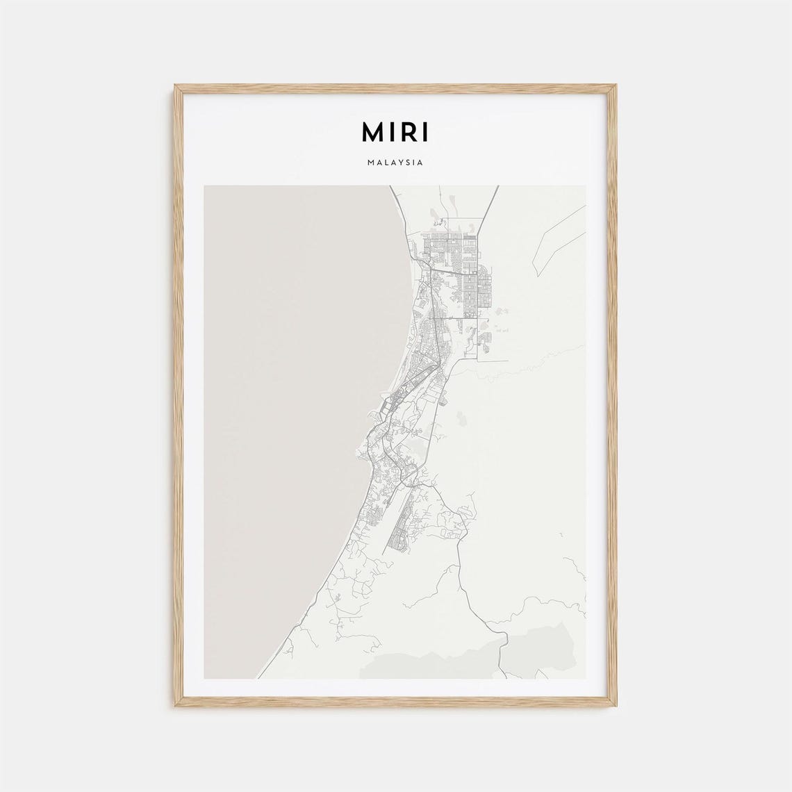 Miri Malaysia Minimalist Light Gray South China Sea Coastal Map Poster