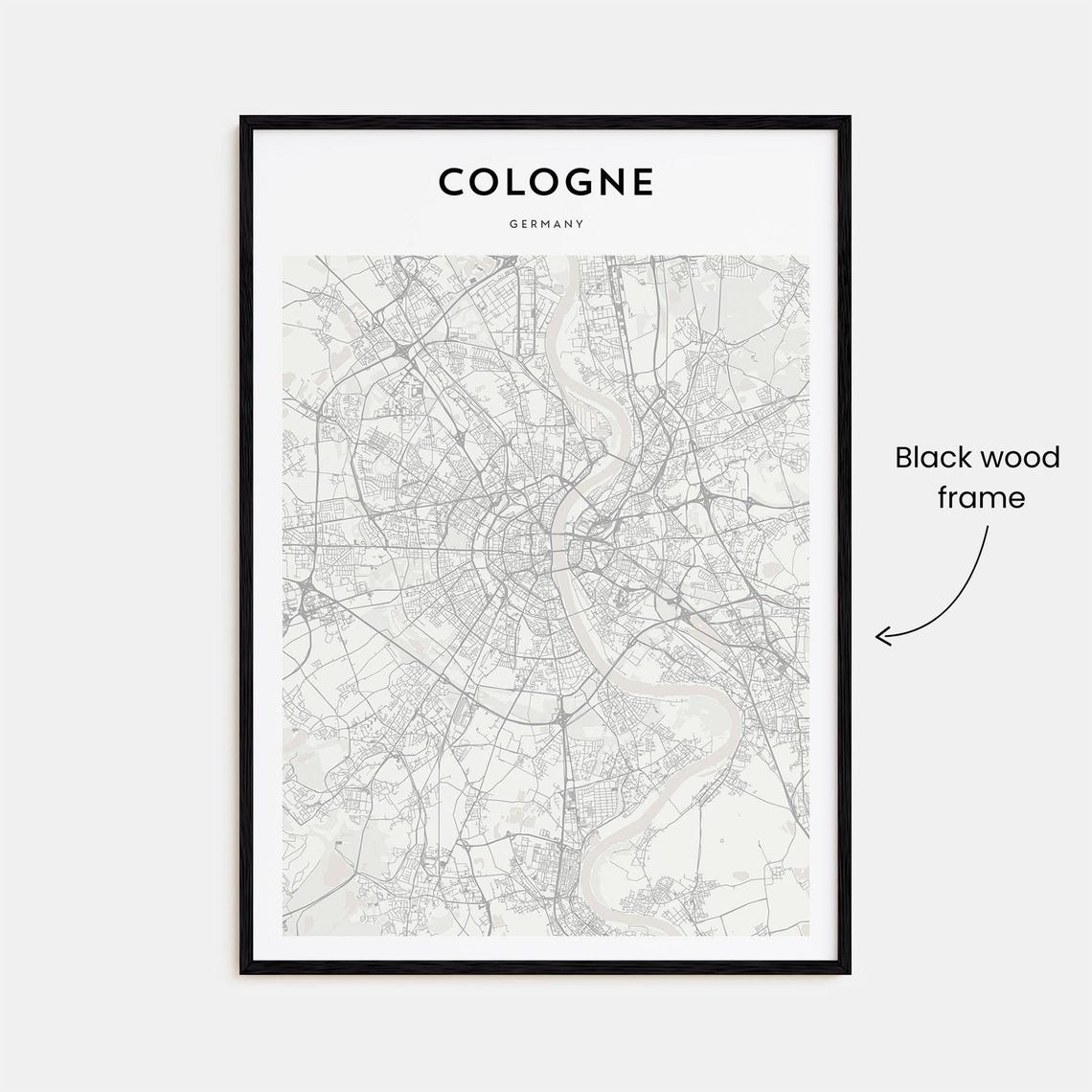 Cologne Germany Minimal Street Map Black and White Rhine River Poster - Image 3