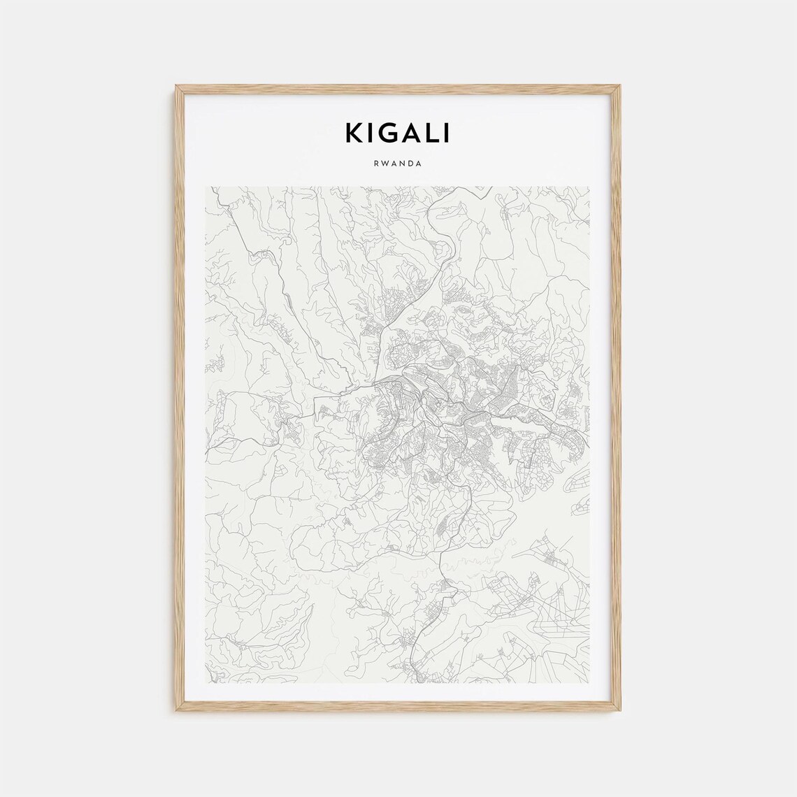 Kigali Rwanda Minimalist Street Map Line Art Poster in Soft Grey Tones