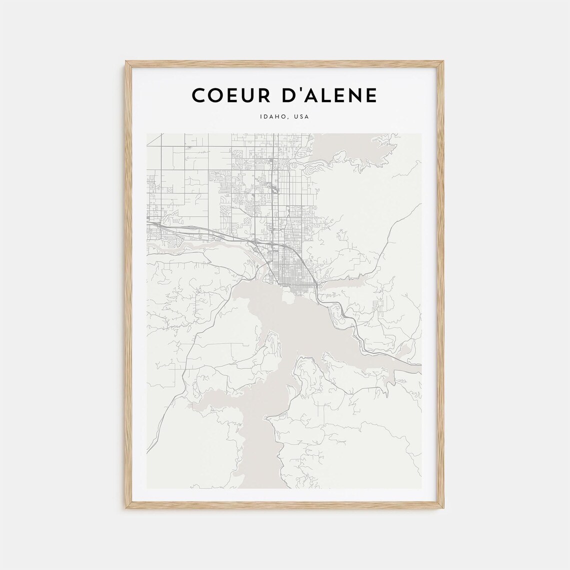 Minimalist Coeur d'Alene Idaho City Street Map Poster in Beige Tones