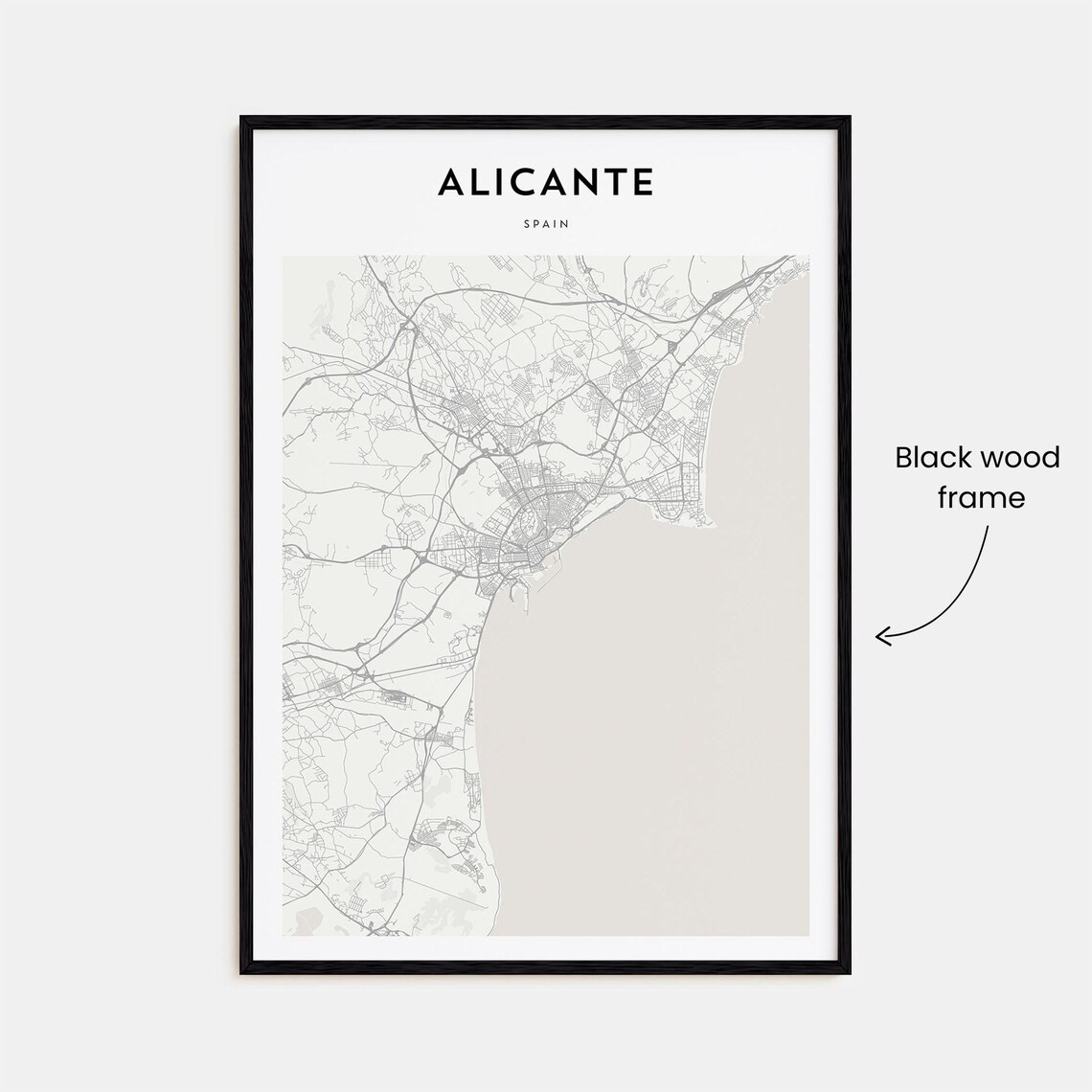 Alicante Spain Minimal Street Map Black and White Coastal City Poster - Image 3