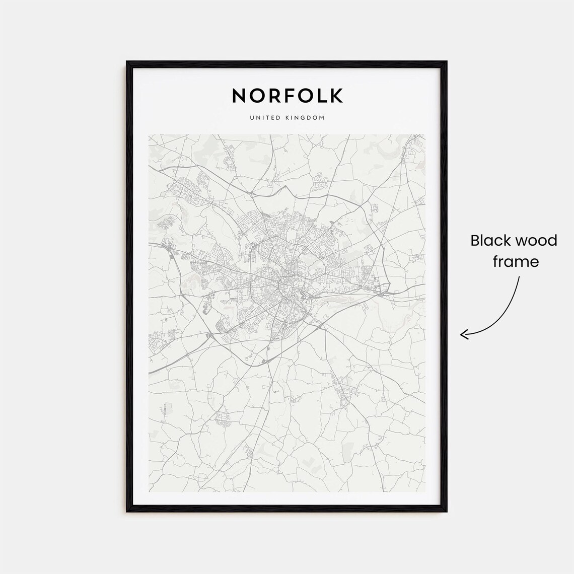Norfolk United Kingdom Minimalist Black and White City Map Poster - Image 3