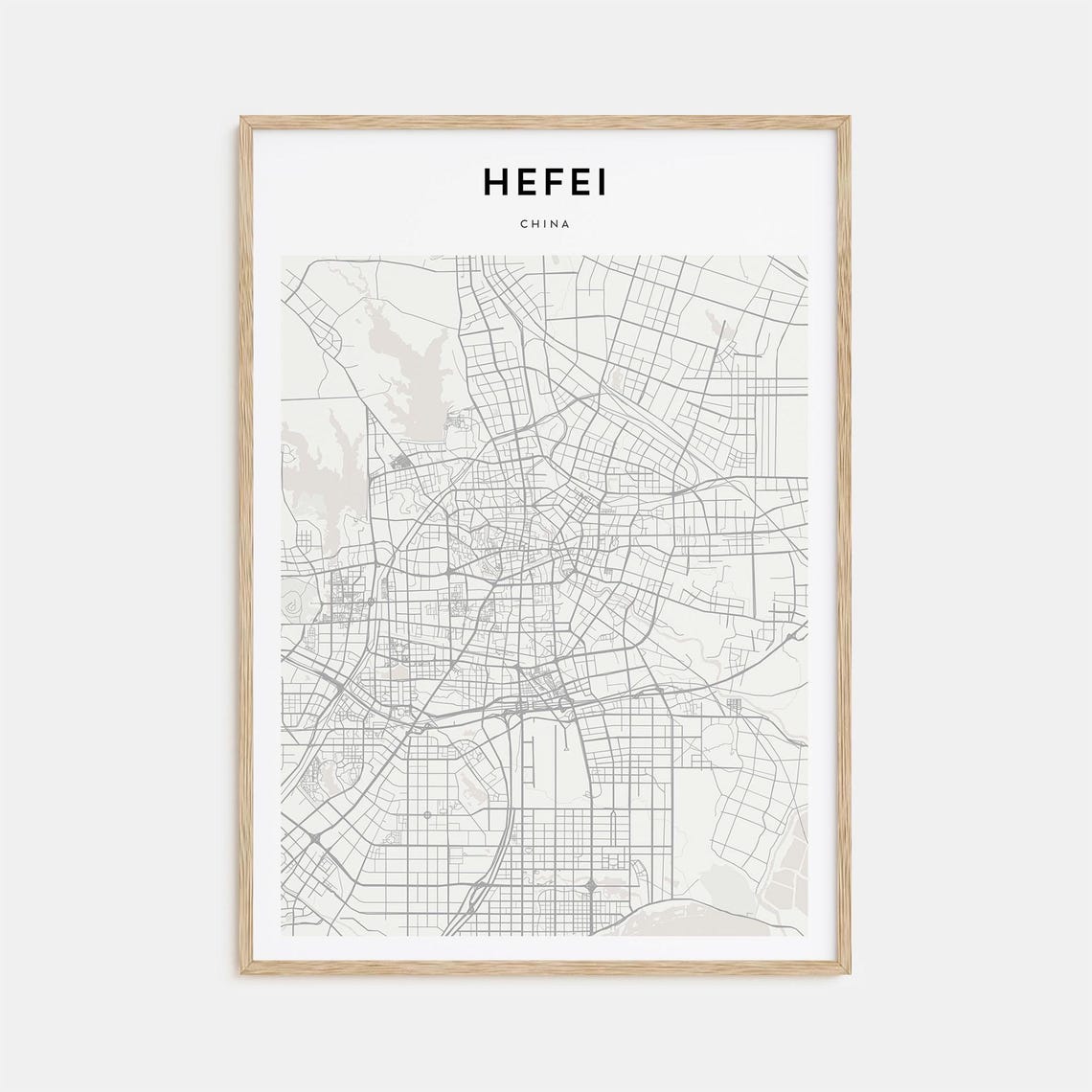 Minimalist Hefei China City Street Map Poster in Neutral Gray Tones