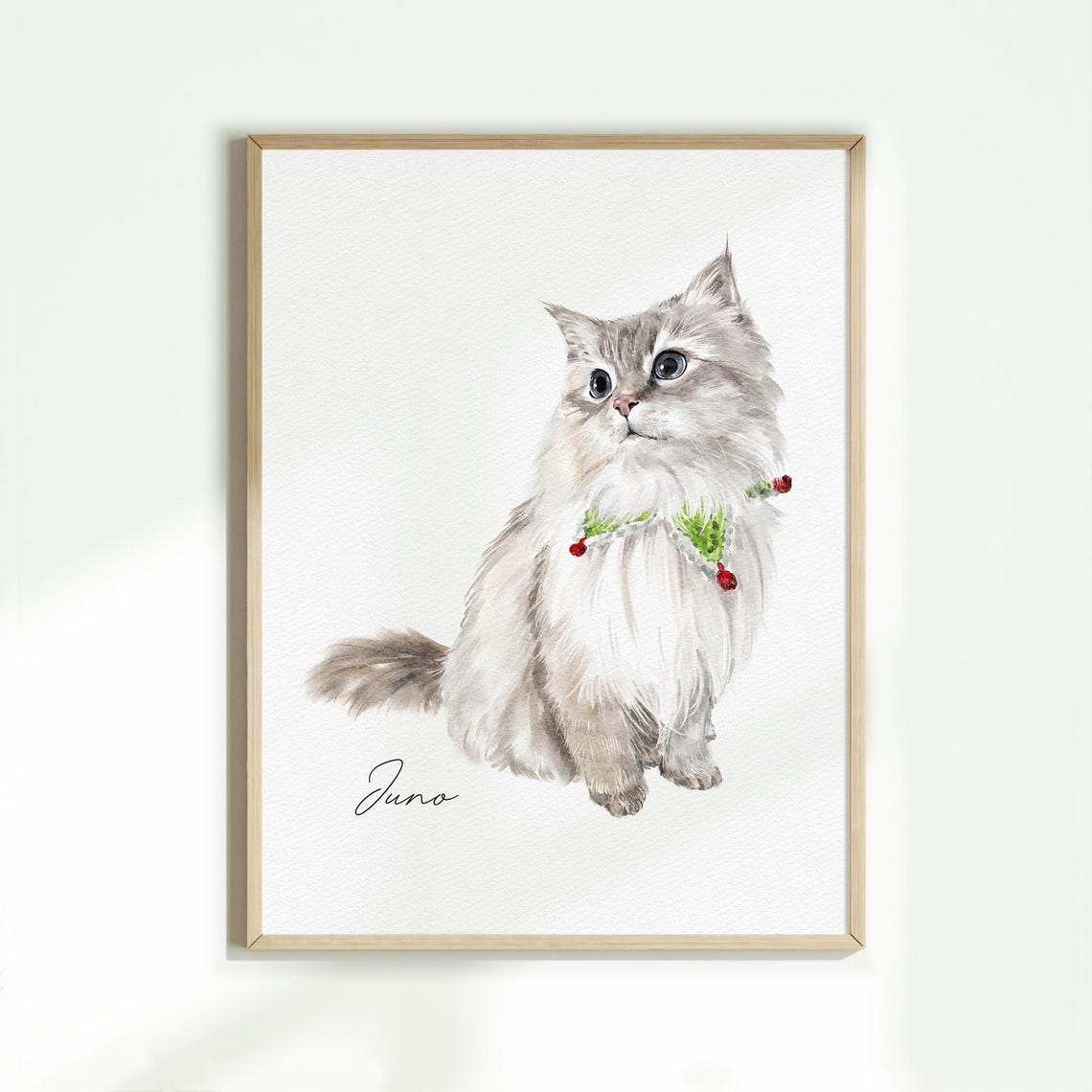 Fluffy Cat Juno with Berry Garland Custom Watercolor Poster Art
