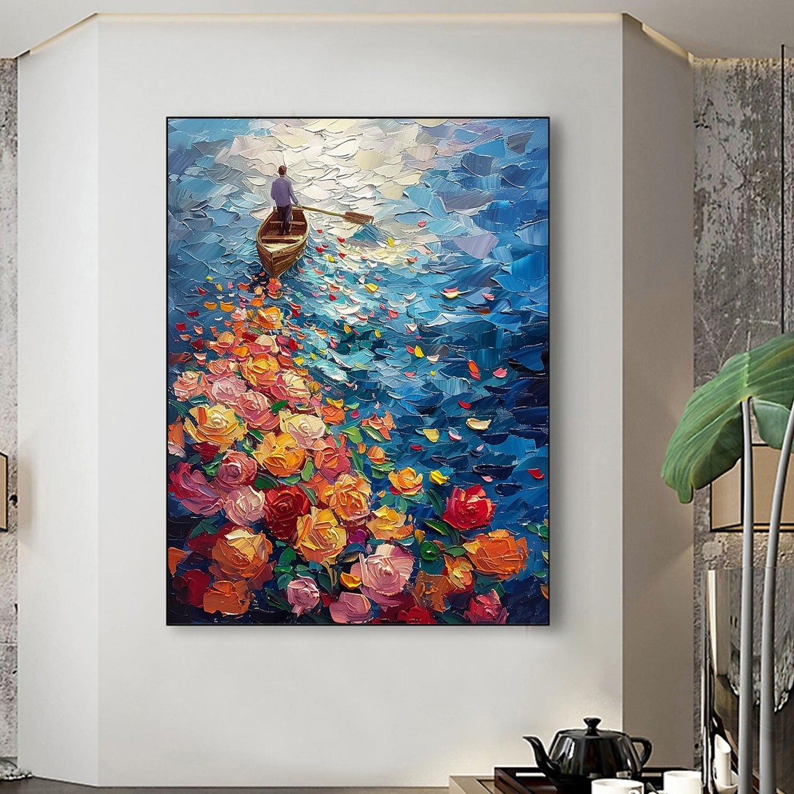 Boatman Rowing Through Blooming Roses Blue Ocean Oil Painting Poster