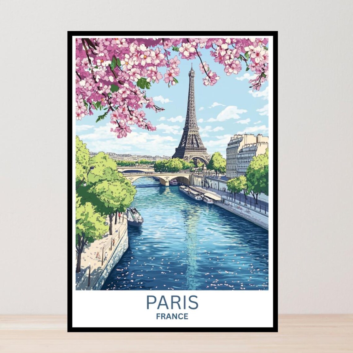 Paris France Eiffel Tower Seine Cherry Blossoms Vintage Travel Poster