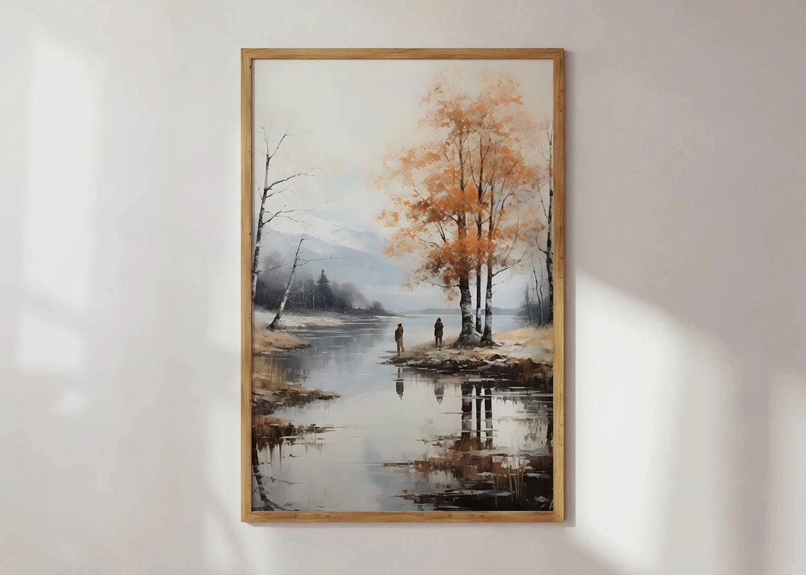 Autumn Birch Trees Misty Lake Two Figures Oil Painting Poster