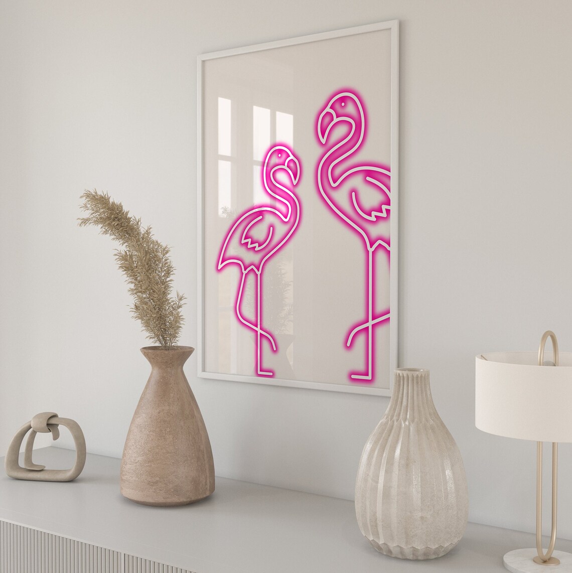 Pink Neon Flamingo Duo Tropical Glow Trendy Bedroom Wall Decor Poster - Image 5