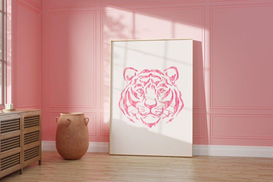 Pink White Tiger Poster Print, Preppy Maximalist Decor - Image 2