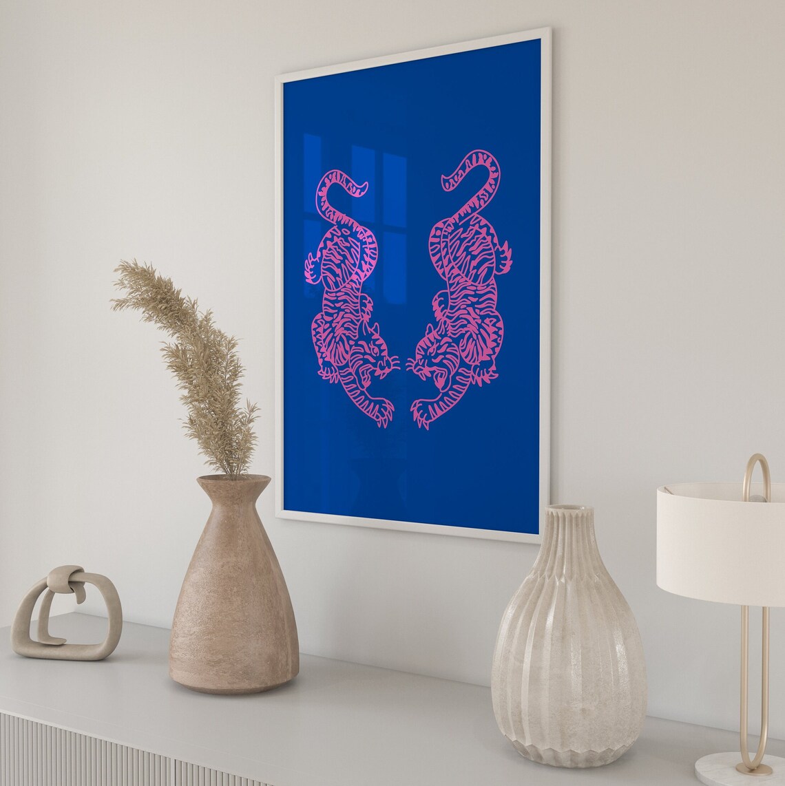 Pink Blue Tiger Print, Preppy Room Decor Art Print