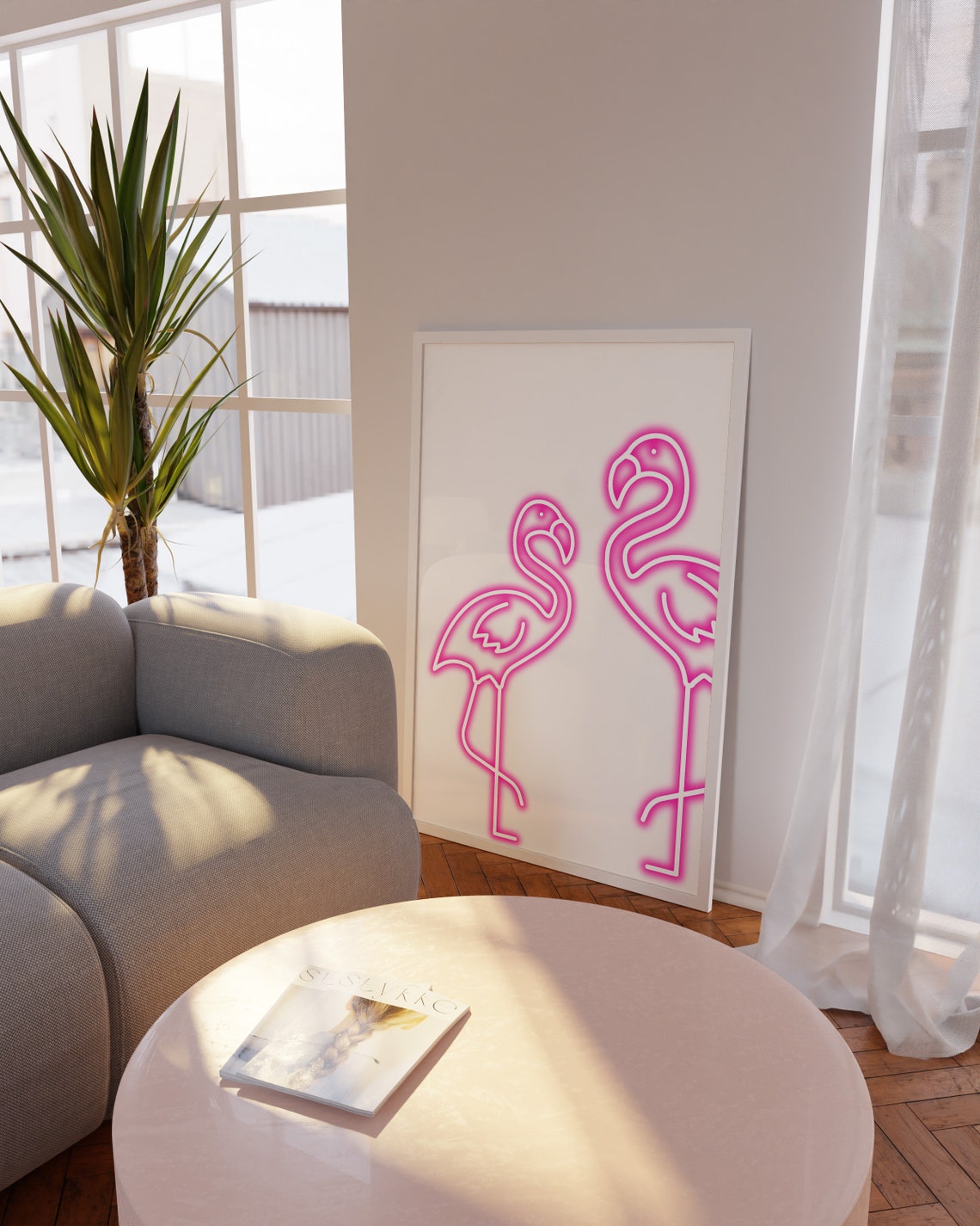 Pink Neon Flamingo Duo Tropical Glow Trendy Bedroom Wall Decor Poster - Image 3