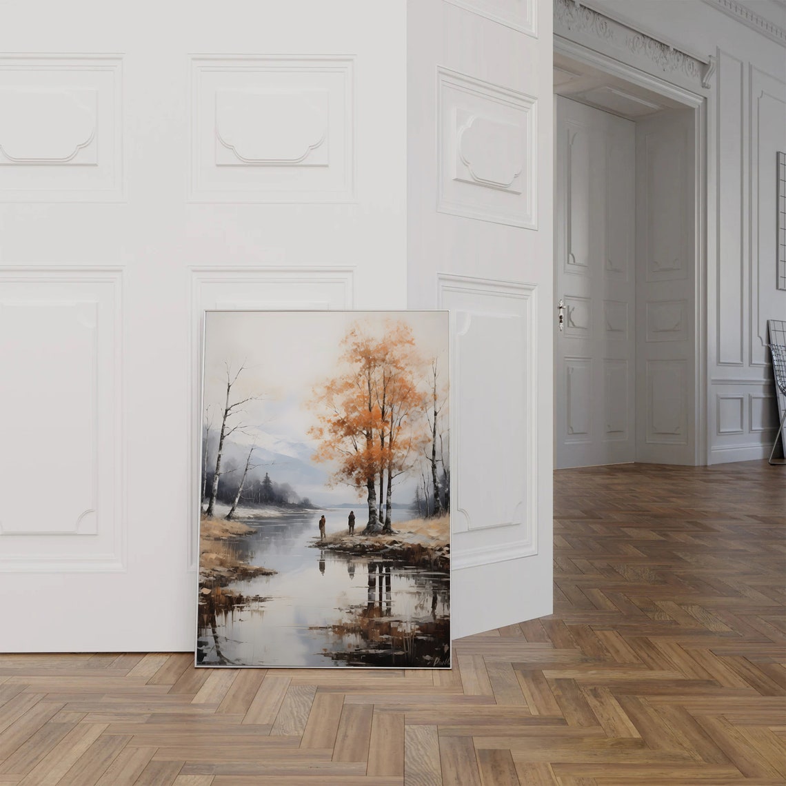 Autumn Birch Trees Misty Lake Two Figures Oil Painting Poster - Image 2