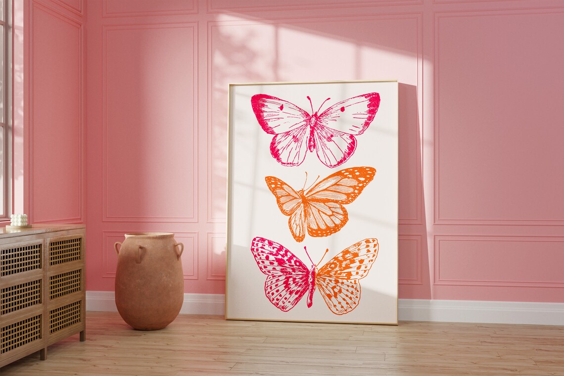 Pink Orange Butterfly Poster Print, Preppy Boho Decor - Image 2