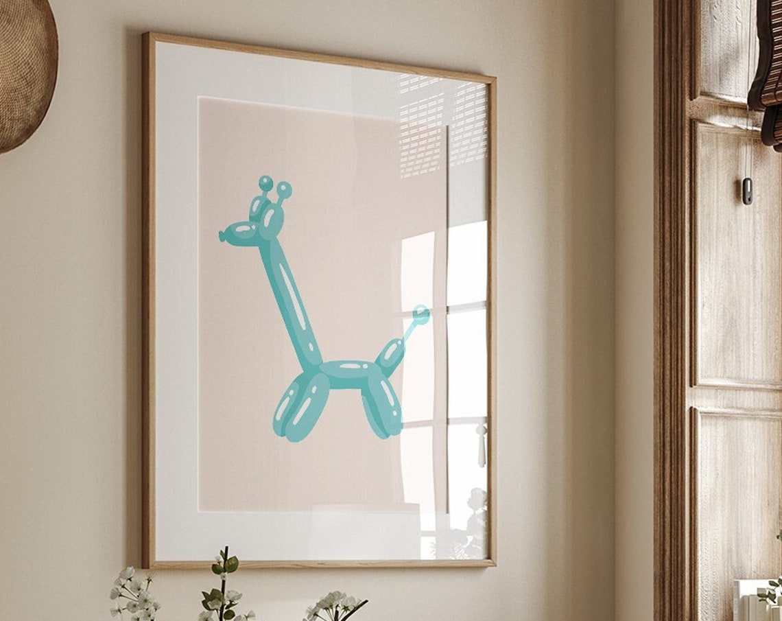 Teal Balloon Giraffe Minimalist Modern Boho Kids Room Poster