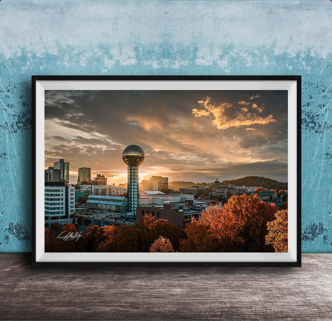 Autumn Knoxville Cityscape Art Print, Rooftop Sunrise