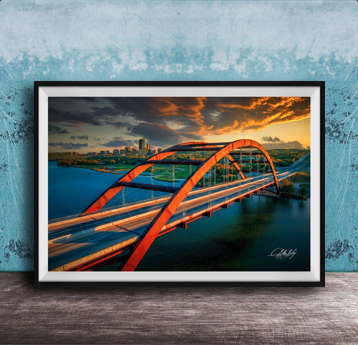 Austin Skyline, Pennybacker Bridge Sunset Travel Poster