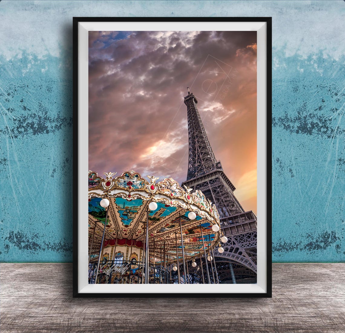 Eiffel Tower Paris Carousel At Sunset Romantic City Landmark Poster