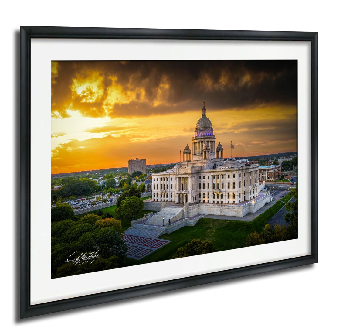 Rhode Island State House Sunset Golden Sky Photography Poster