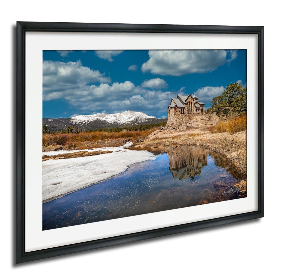 Rocky Mountain Stone Chapel Winter Snow Scene Alpine Landscape Poster