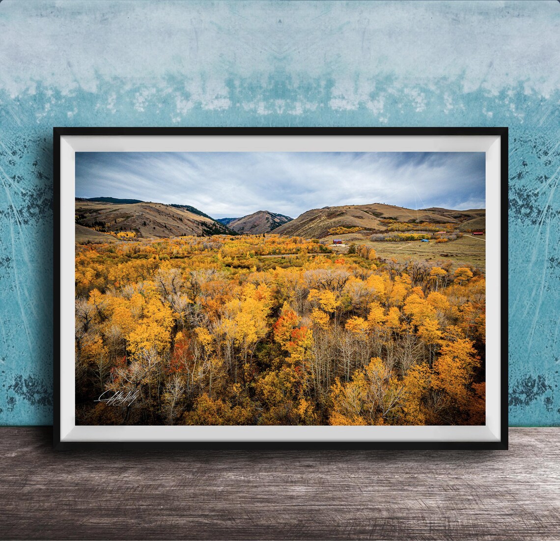 Golden Wyoming Autumn Valley Aerial Landscape Photo Art Poster