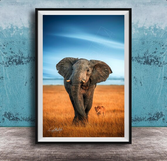 Elephant And Lion Sunrise Print Vibrant Amboseli Safari Art