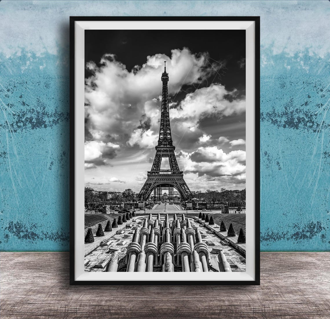 Eiffel Tower Black and White Paris Photography Dramatic Cloud Poster