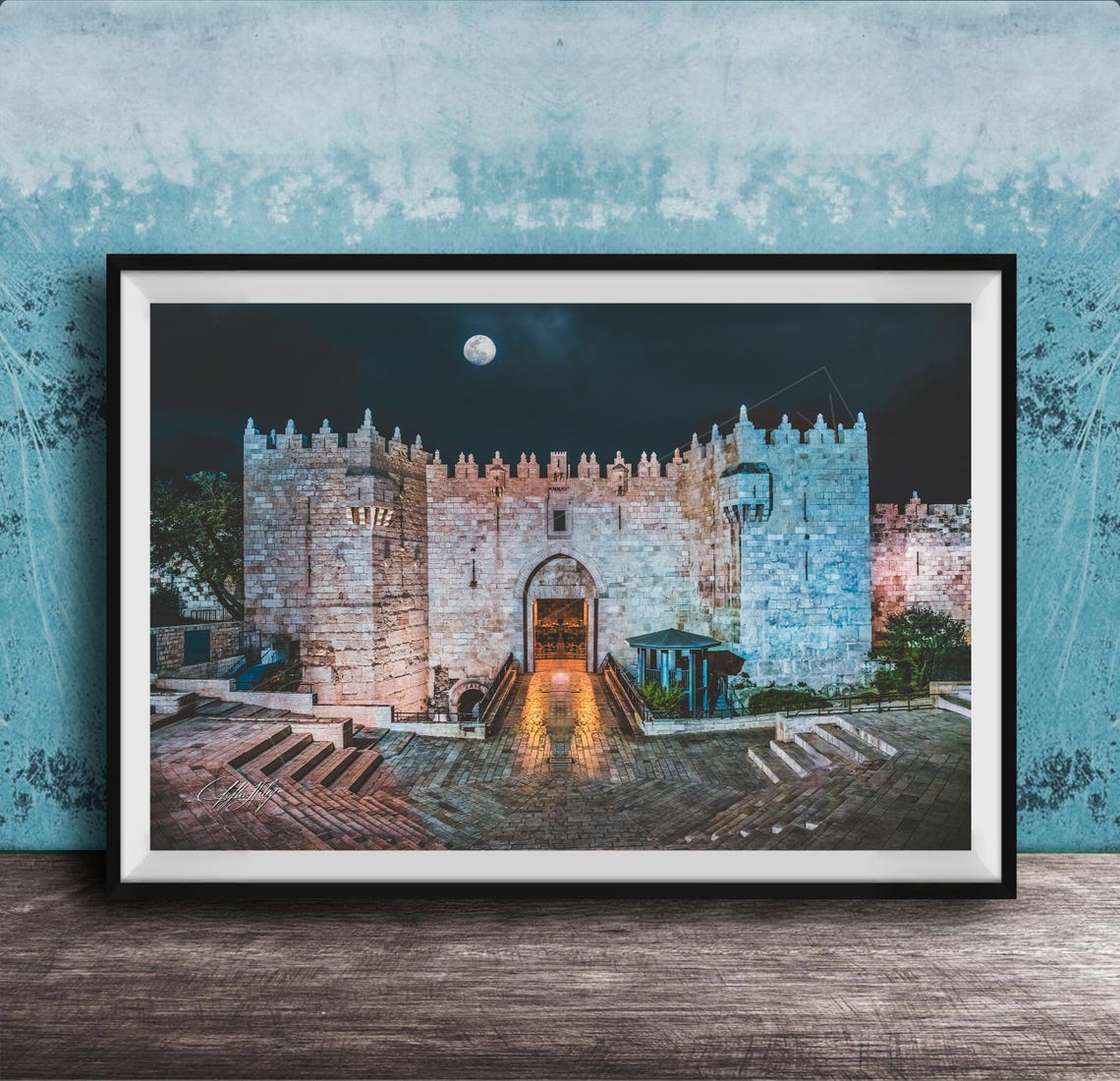 Damascus Gate Jerusalem Landmark at Night Under Full Moon Photo Poster