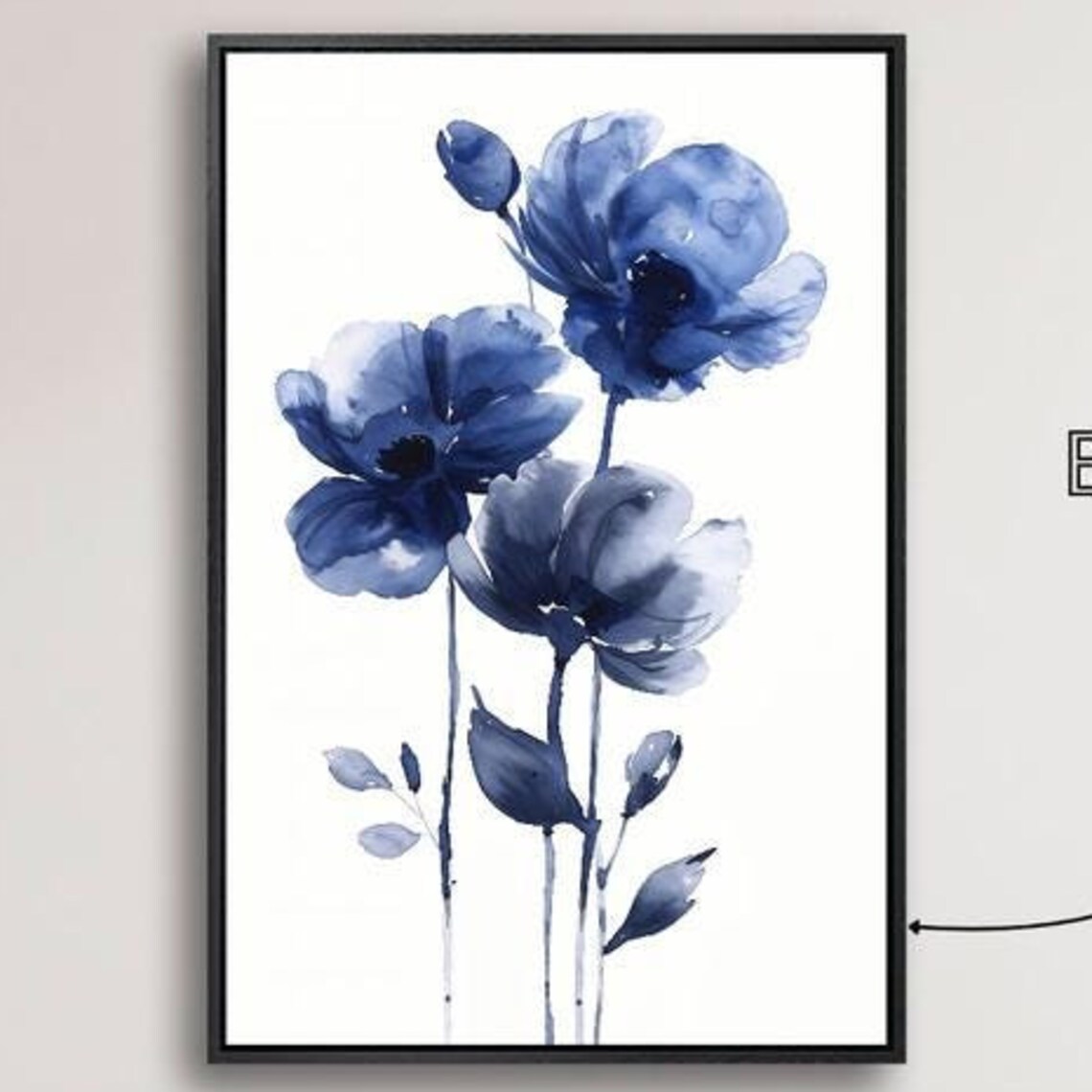 Blue Flowers Watercolor Art Print, Minimalist Floral