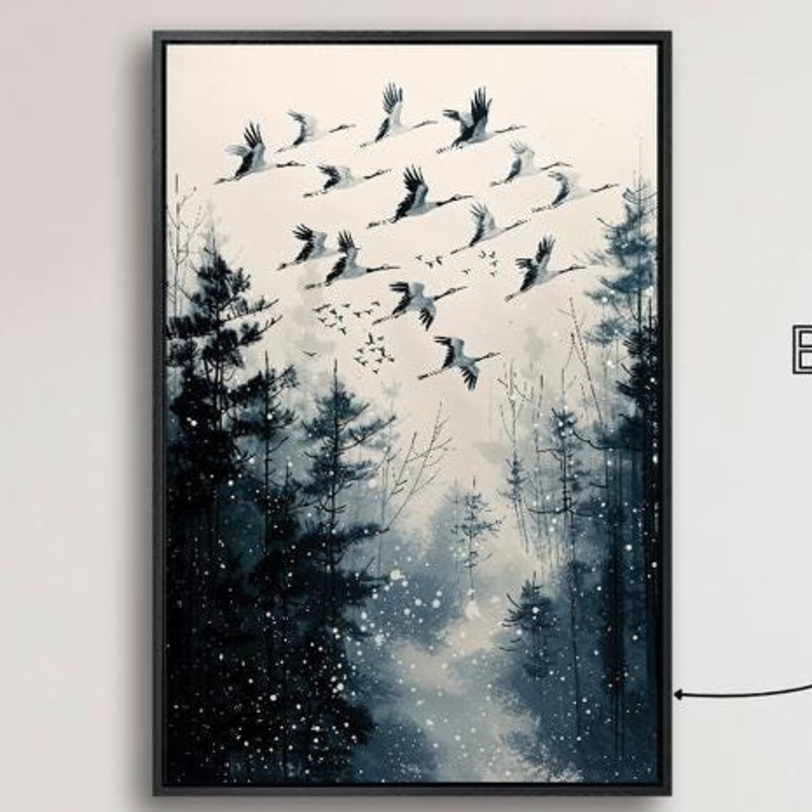 Japanese Cranes Flying Misty Snowy Pine Forest Winter Poster