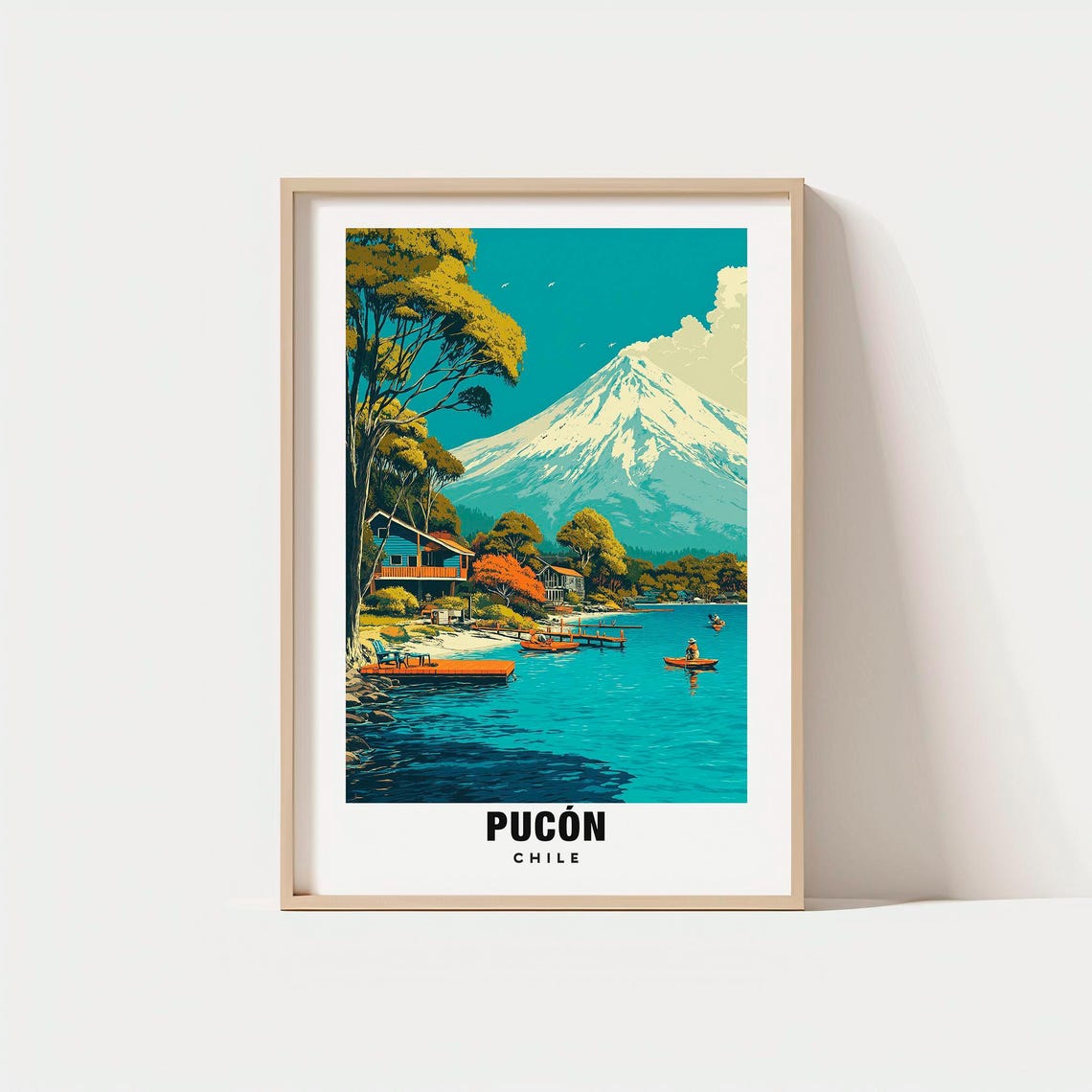 Pucón Chile Snowcapped Volcano Lake Lakeside Cabins Travel Poster