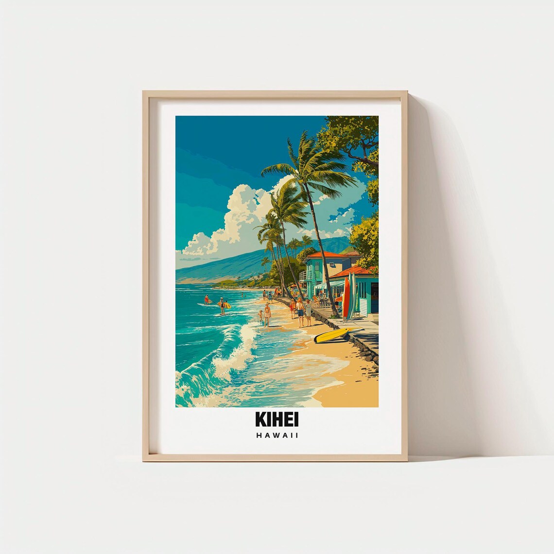 Kihei Hawaii Surf Beach Palm Shore Turquoise Ocean Travel Poster
