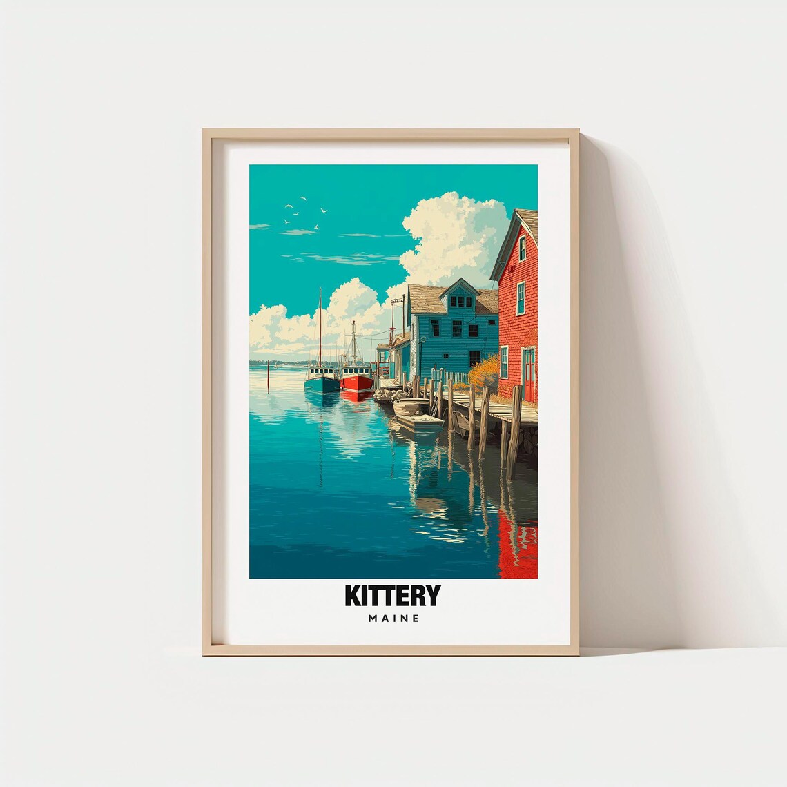 Kittery Maine Harbor Fishing Boats Waterfront Scenic Travel Poster