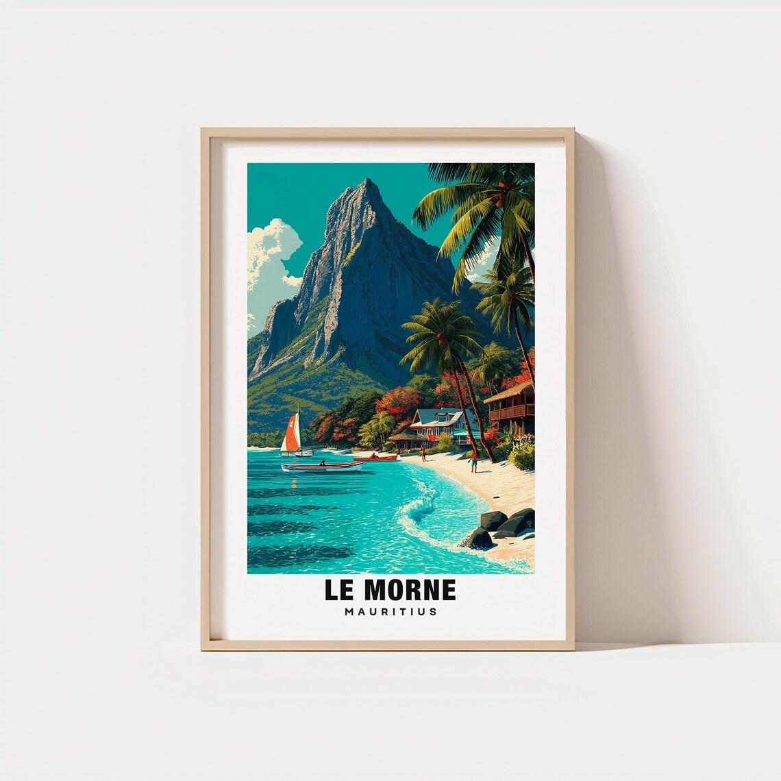 Le Morne Mauritius Tropical Beach Mountain Vintage Travel Poster
