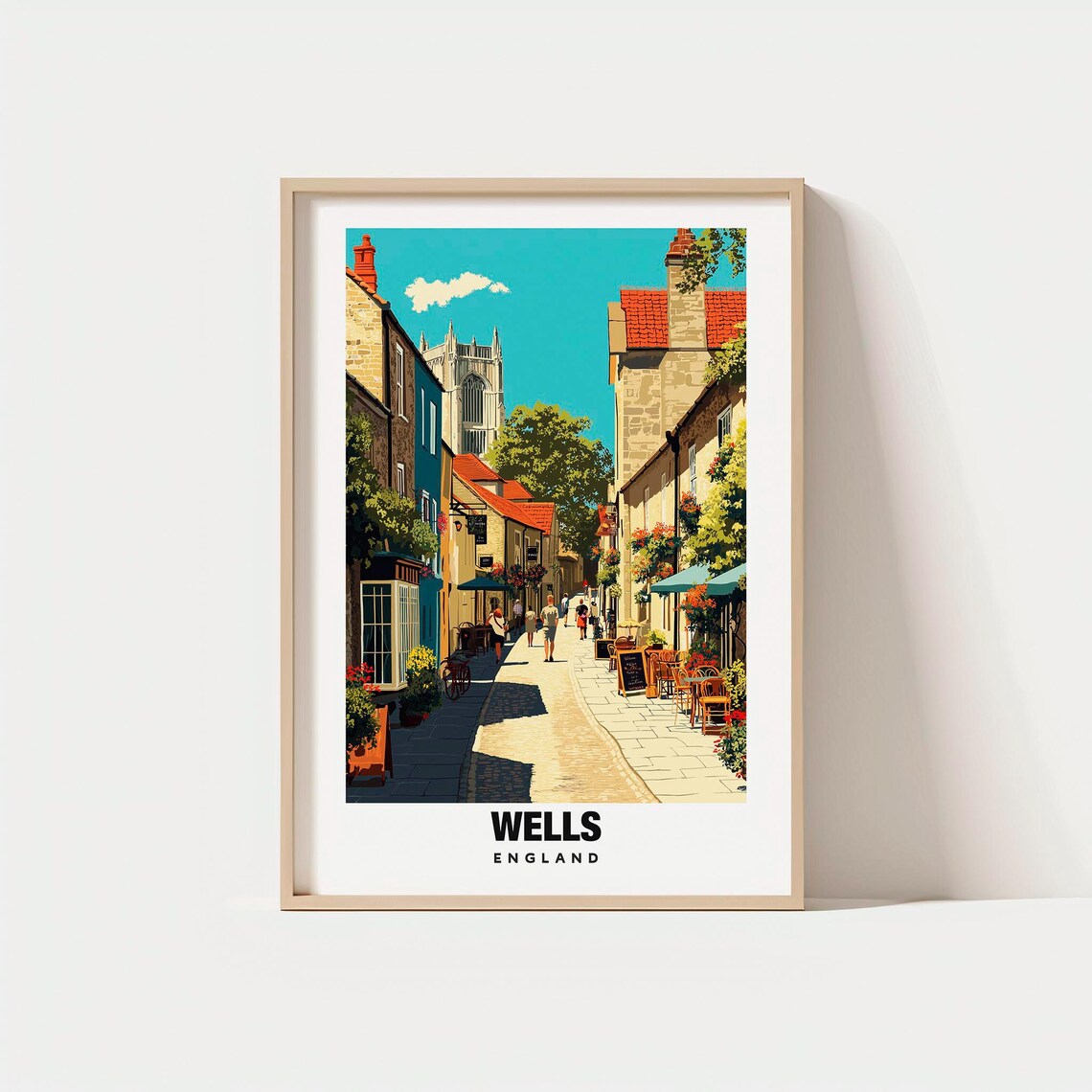 Wells England Cobblestone Street Cathedral Tower Travel Poster