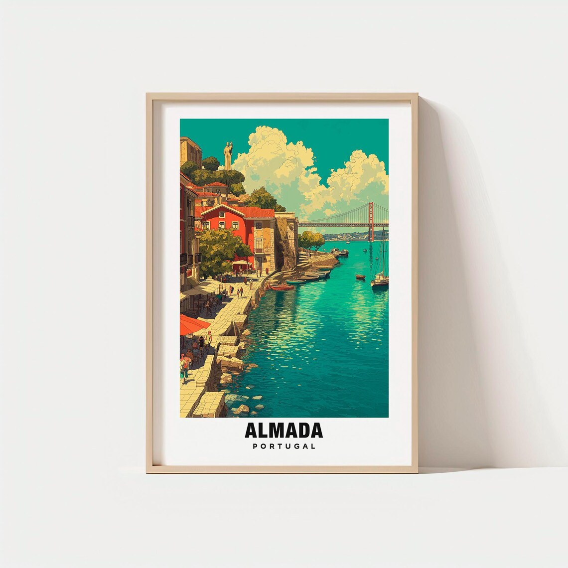Almada Portugal Riverside Suspension Bridge Vintage Travel Poster