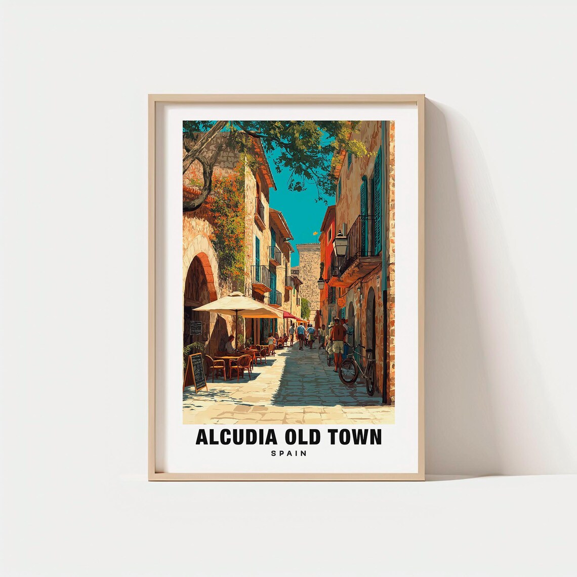 Alcudia Old Town Spain Street Travel Poster with Historic Stone Views
