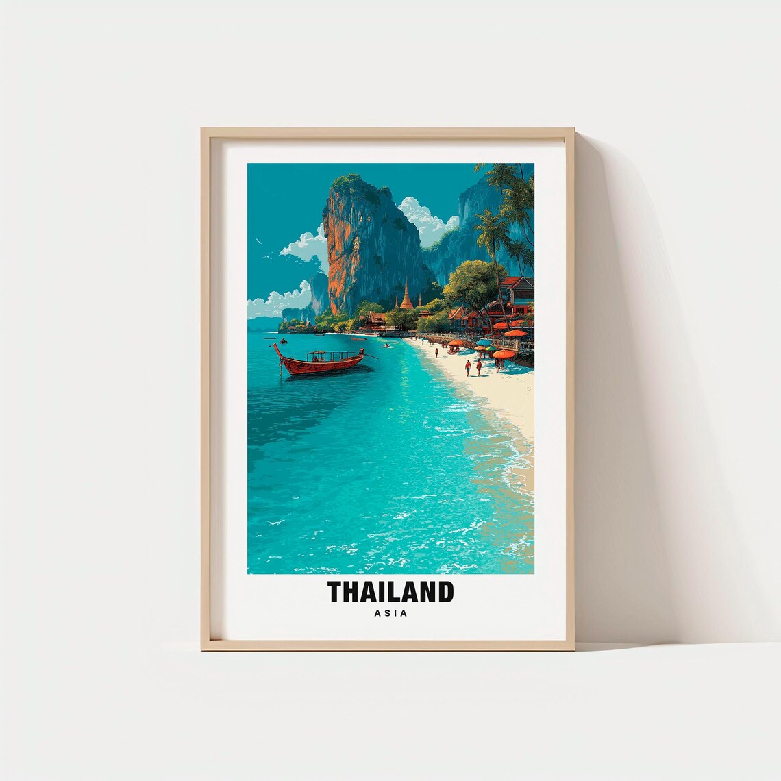 Thailand Asia Limestone Karst Beach Longtail Boat Retro Travel Poster