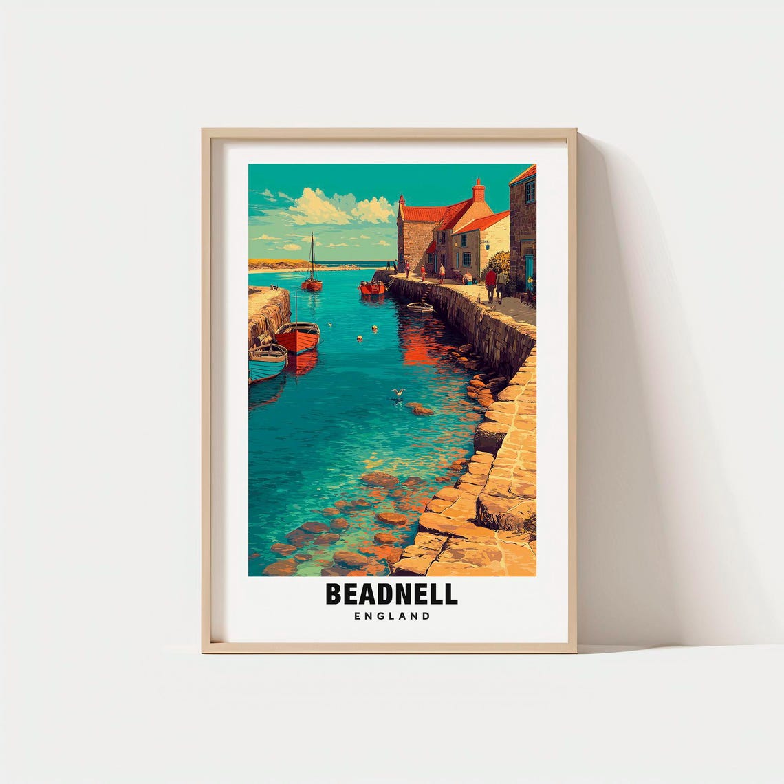 Beadnell England Stone Harbor Cottages Fishing Boats Scene Poster