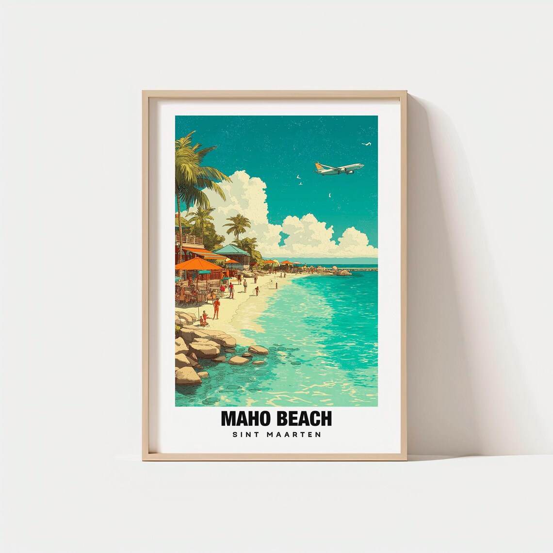Maho Beach Sint Maarten Plane Landing over Turquoise Bay Vintage Travel Poster